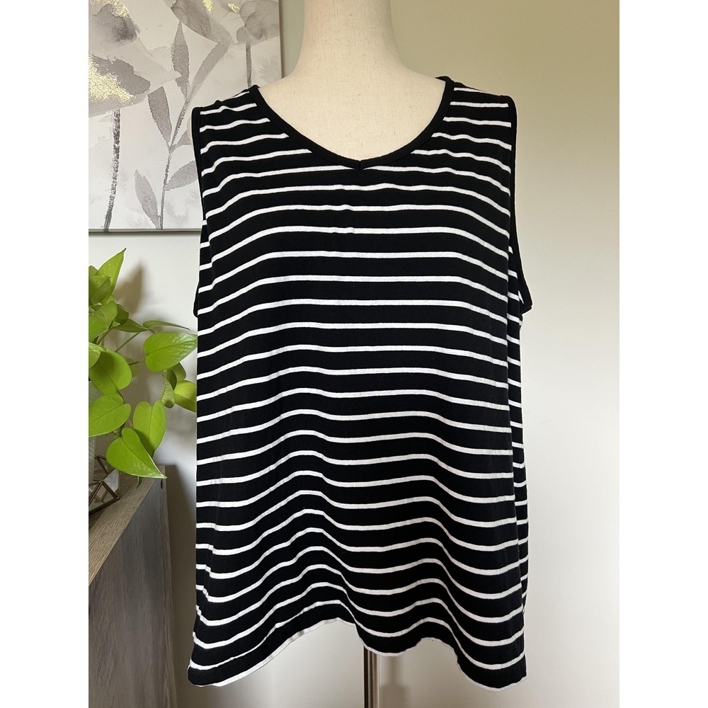 Ulla‎ Popken Tank Top Womens 20 22 Black White Stripe V Neck Cotton Casual